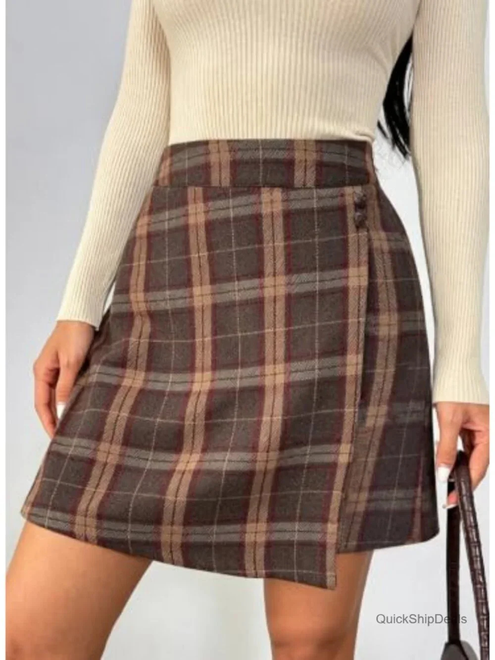 Plaid Mini Skirt Elastic Waist A-Line Button Decor Wrap Hem